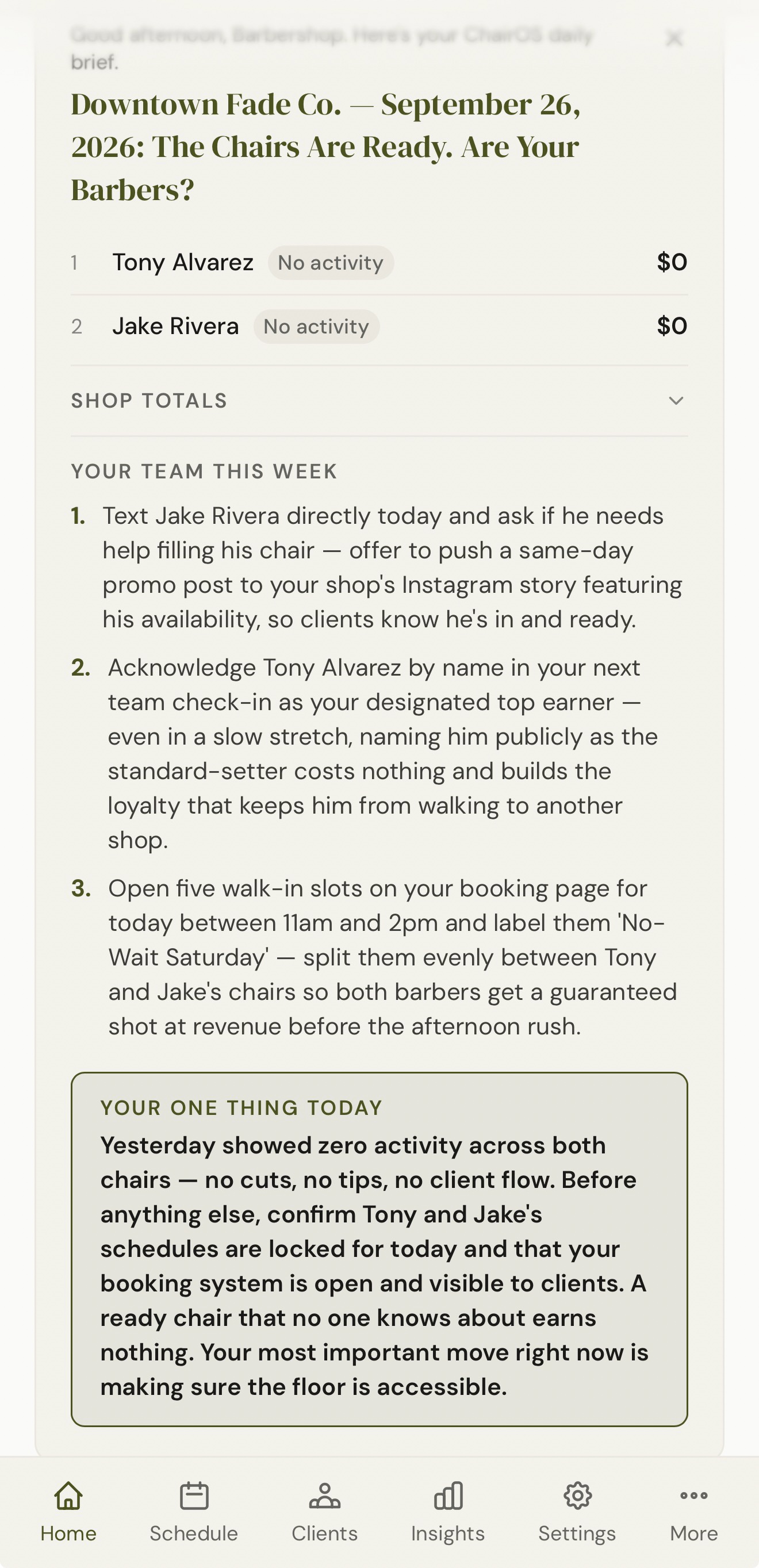 ChairOS daily brief with the one thing to do today