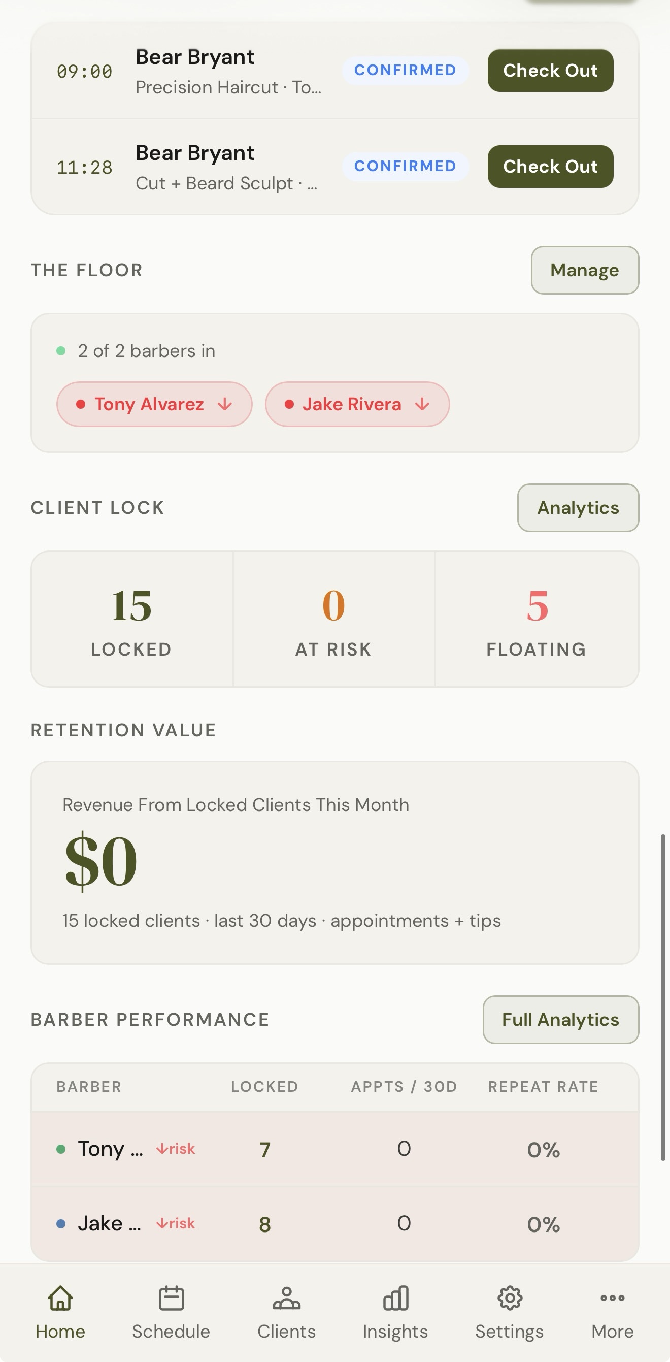 ChairOS home screen with Client Lock stats