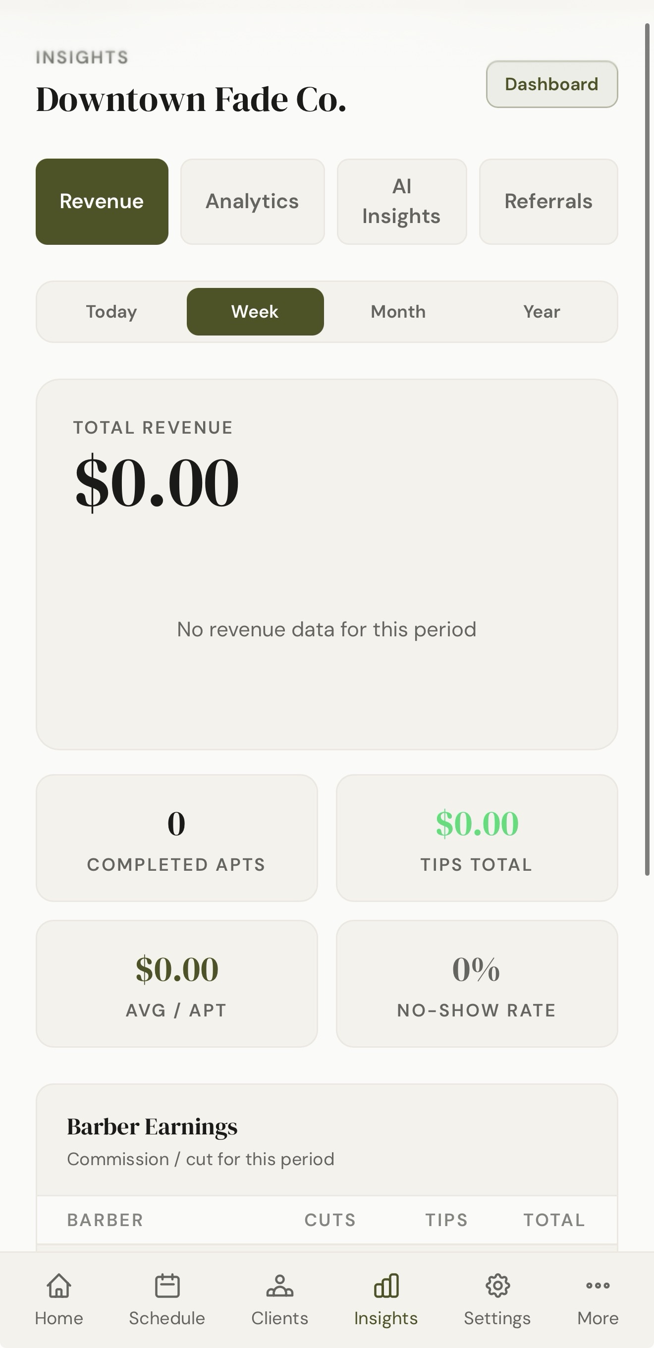 ChairOS insights with revenue, tips, and no-show rate
