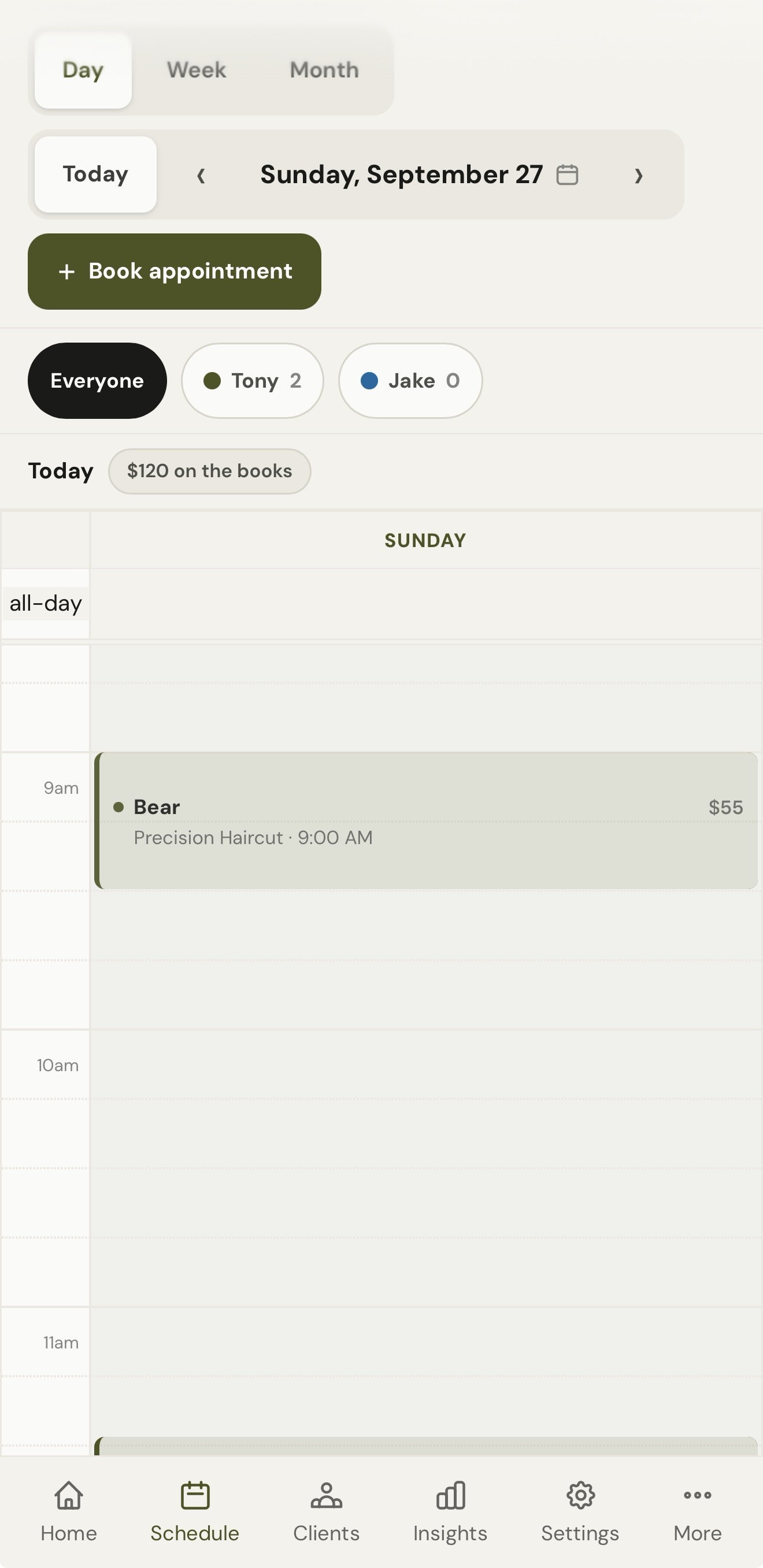 ChairOS schedule showing the day with dollars on the books